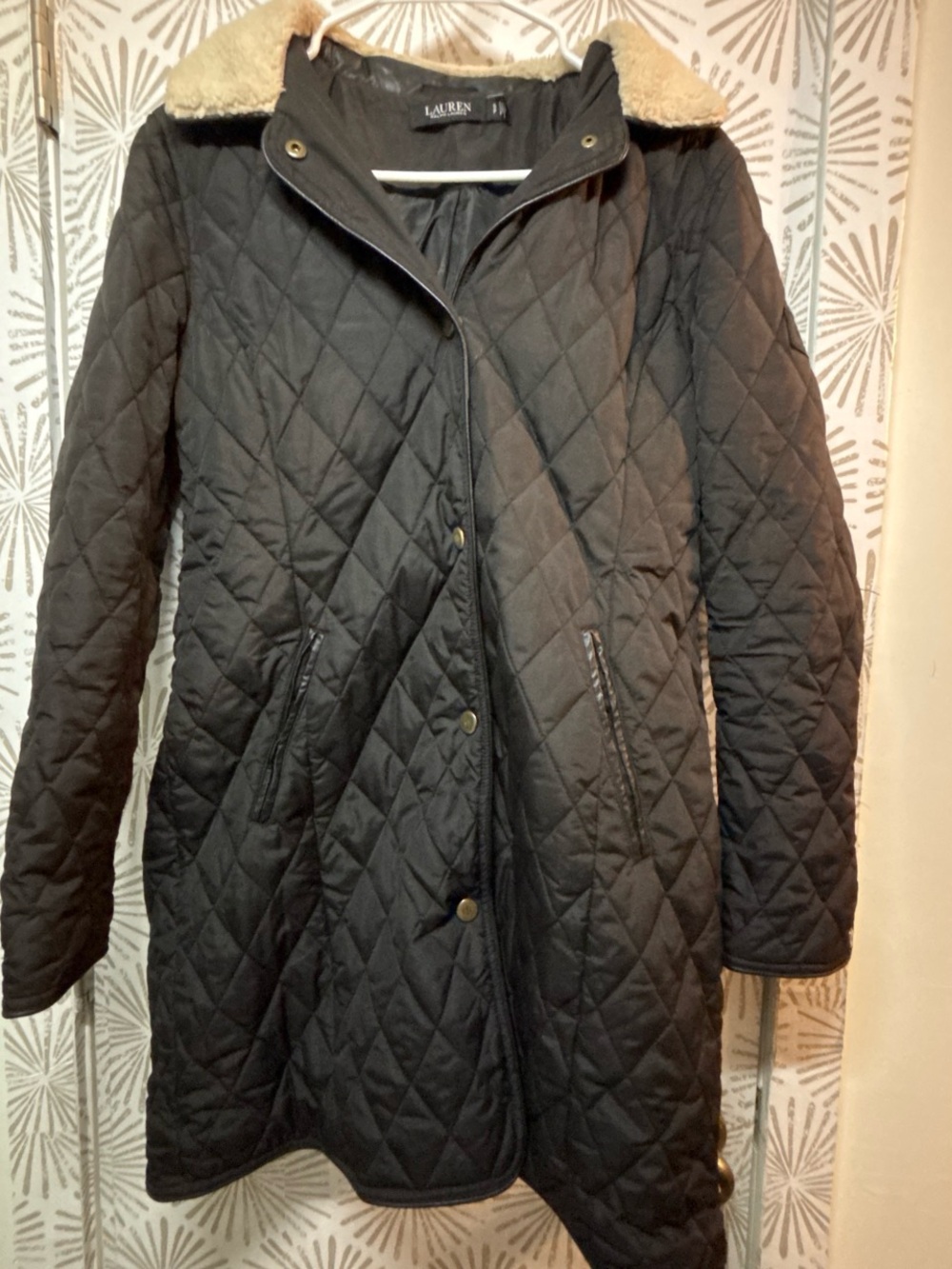 Ralph Lauren Black Quilted Puffer Coat with Faux Shearling Collar